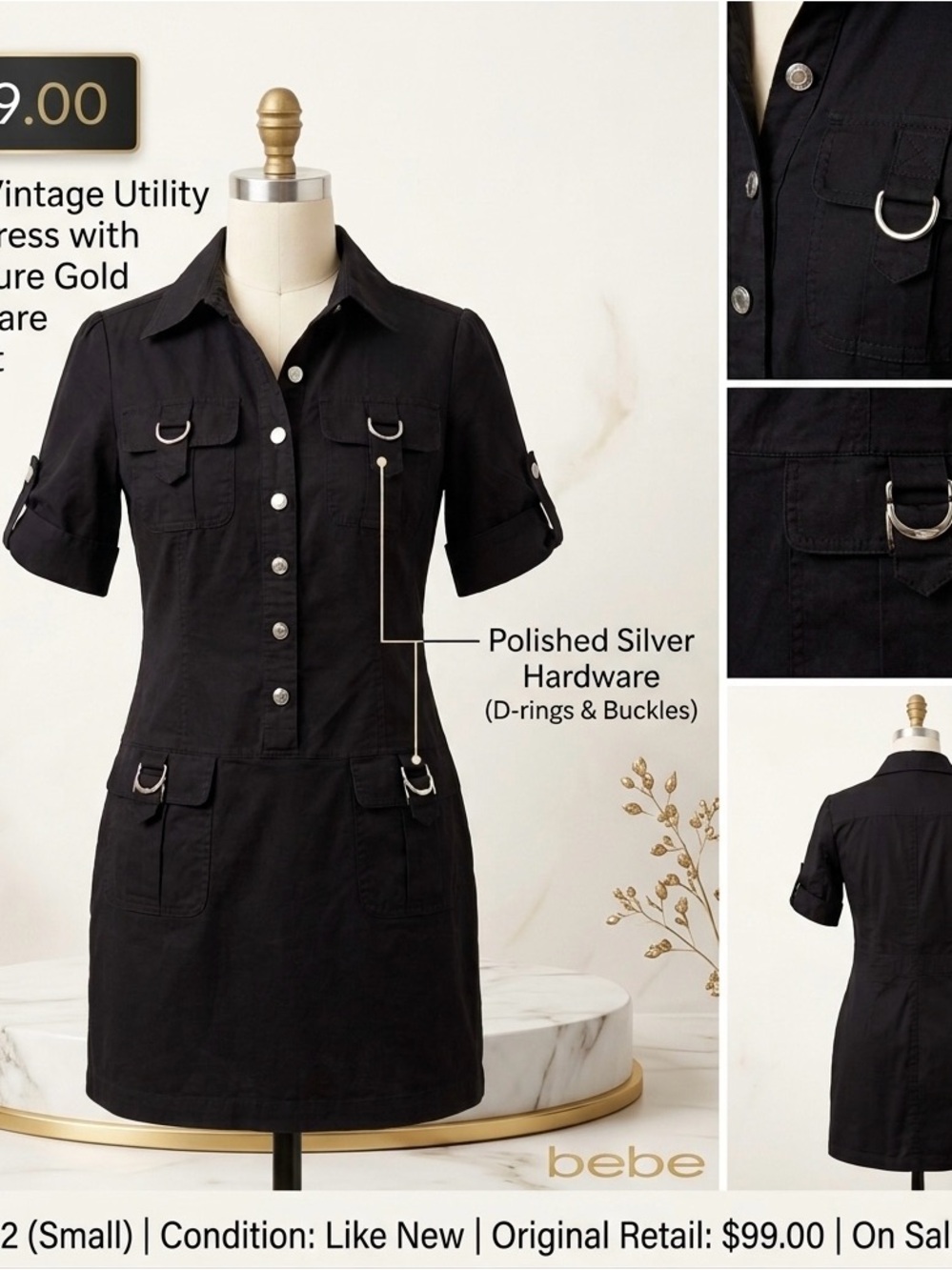 bebe Black Utility Shirt Dress with Polished Silver Hardware